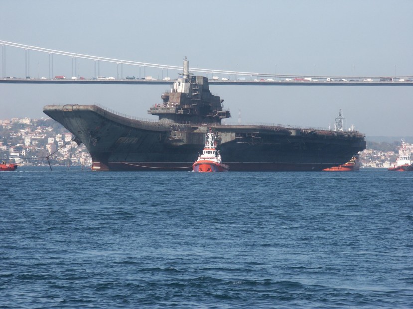 Varyag towed by tugs crossing the Bosporus Strait 